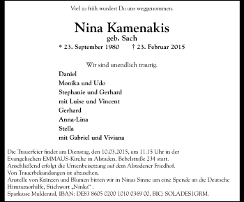 Traueranzeige von Nina Kamenakis von Wochen-Anzeiger Oberhausen