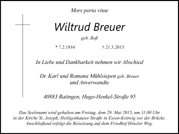 Traueranzeige von Wiltrud Breuer von Kettwig Kurier