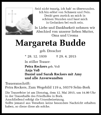 Traueranzeige von Margareta Budde von Lüner Anzeiger