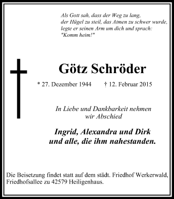 Traueranzeige von Götz Schröder von Stadtanzeiger Velbert + Heiligenhaus