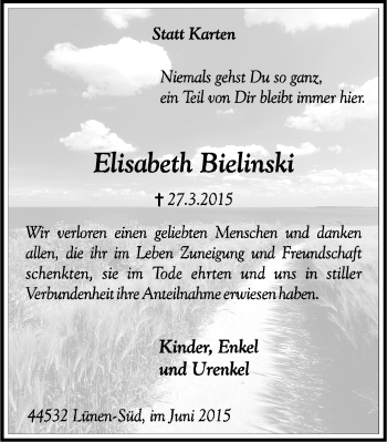 Traueranzeige von Elisabeth Bielinski von Lüner Anzeiger