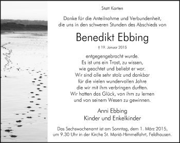 Traueranzeige von Benedikt Ebbing von WVW Anzeigenblätter