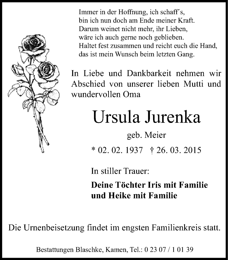  Traueranzeige für Ursula Jurenka vom 01.04.2015 aus Stadtspiegel Kamen + Unna