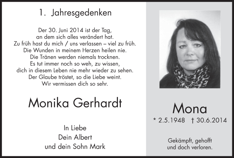 Traueranzeigen von Monika Gerhardt | Trauer-in-NRW.de