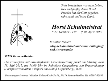 Traueranzeige von Horst Schulmeistrat von Stadtspiegel Kamen + Unna