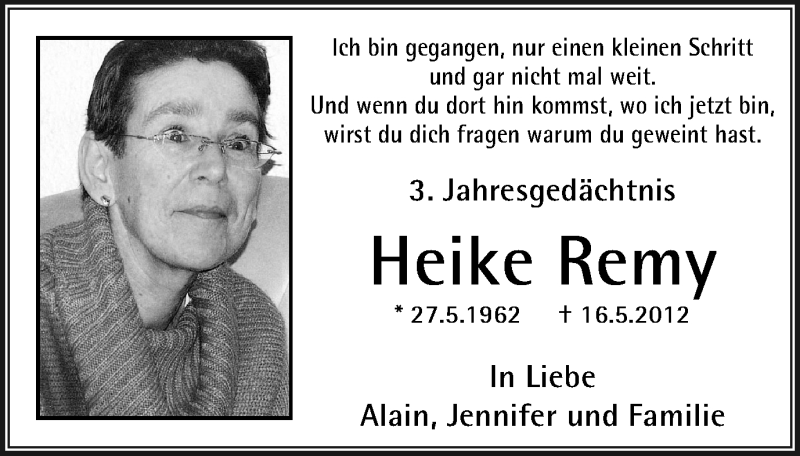  Traueranzeige für Heike Remy vom 16.05.2015 aus Wochen-Anzeiger Oberhausen