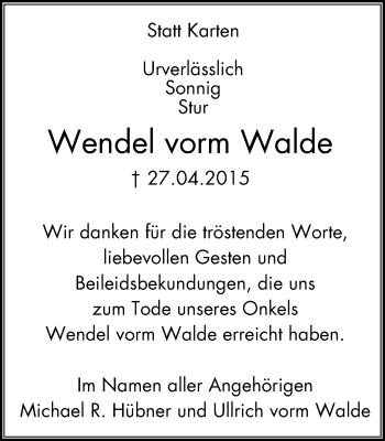 Traueranzeige von Wendel vorm Walde von Stadtspiegel Gladbeck