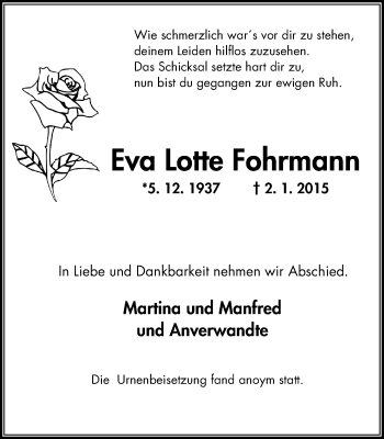 Traueranzeige von Eva Lotte Fohrmann von Stadtanzeiger Velbert + Heiligenhaus