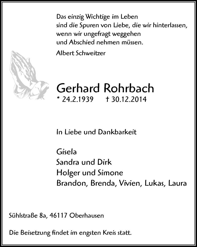  Traueranzeige für Gerhard Rohrbach vom 07.01.2015 aus WVW Anzeigenblätter