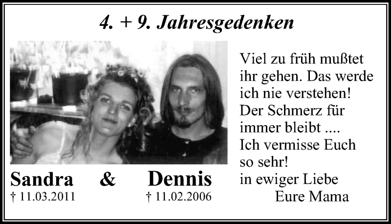  Traueranzeige für Sandra und Dennis  vom 11.03.2015 aus Stadtspiegel Iserlohn + Hemer