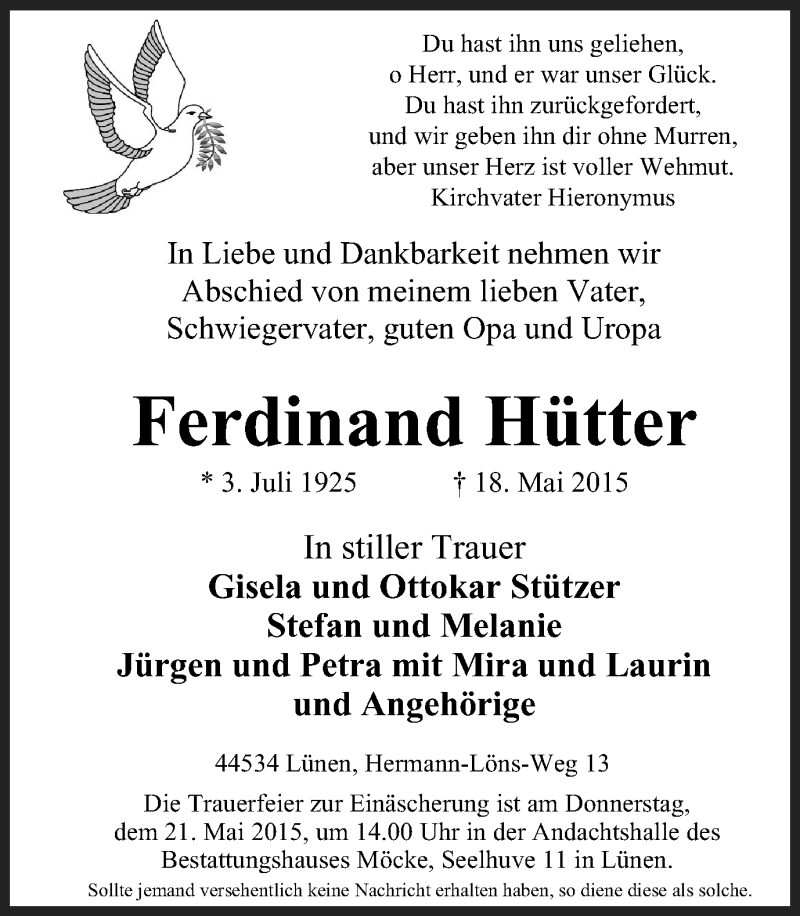 Traueranzeigen von Ferdinand Hütter TrauerinNRW.de
