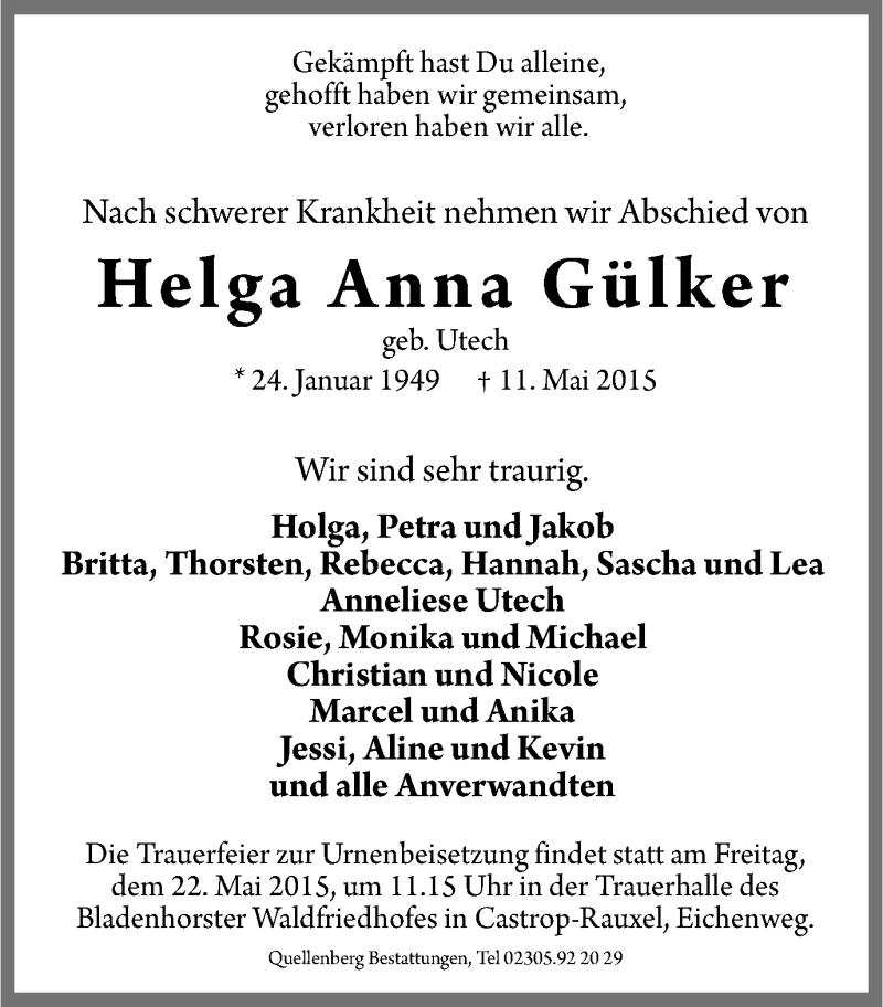 Traueranzeige für Helga Anna Gülker vom 20.05.2015 aus Stadtanz.Castrop-Rauxel