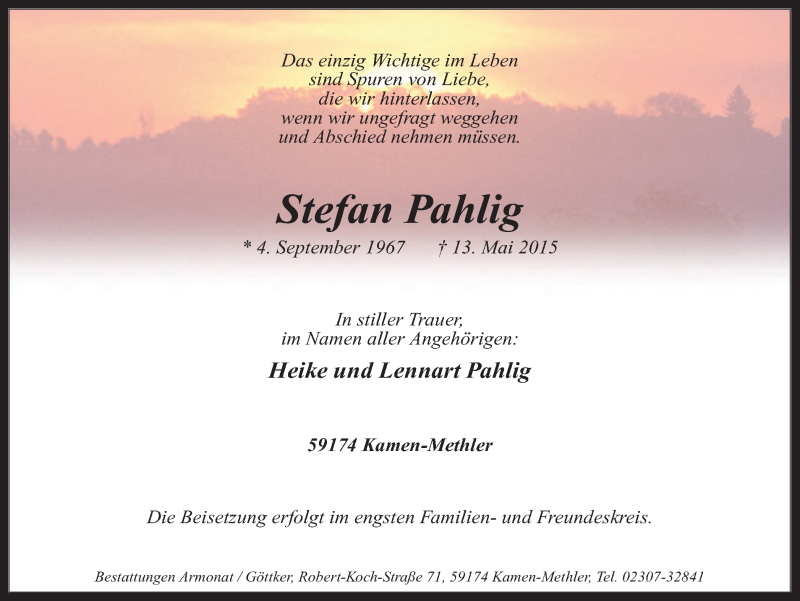  Traueranzeige für Stefan Pahlig vom 20.05.2015 aus Stadtspiegel Kamen + Unna