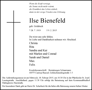 Traueranzeige von Ilse Bienefeld von WVW Anzeigenblätter
