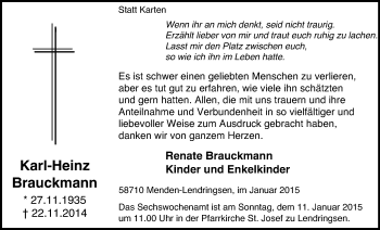 Traueranzeige von Karl-Heinz Brauckmann von WVW Anzeigenblätter