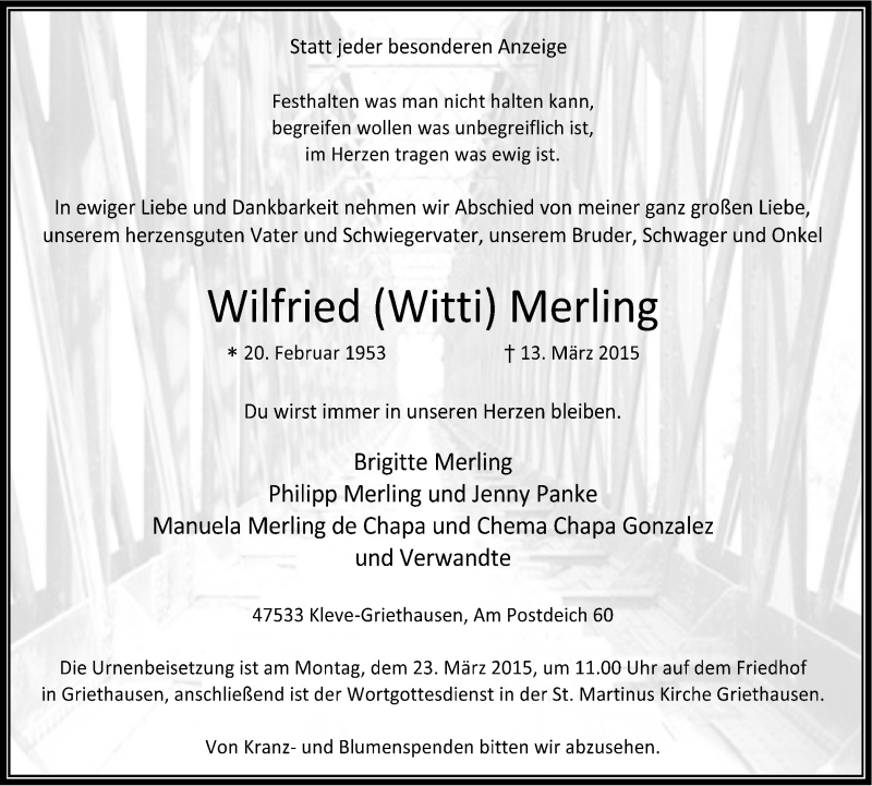  Traueranzeige für Wilfried Witti Merling vom 18.03.2015 aus Klever Wochenblatt