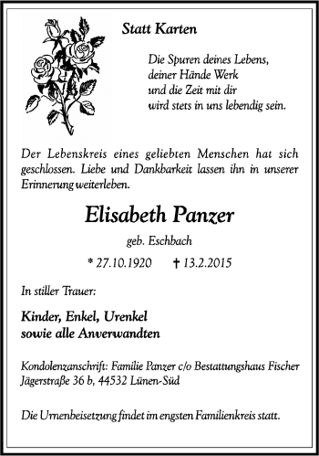 Traueranzeige von Elisabeth Panzer von Lüner Anzeiger