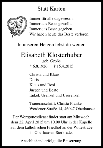 Traueranzeige von Elisabeth Klosterhuber von Wochen-Anzeiger Oberhausen