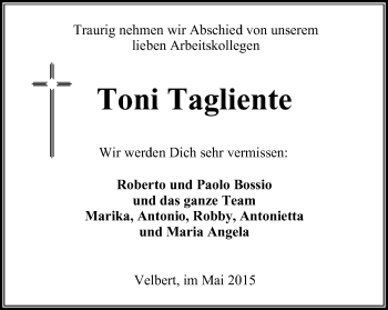 Traueranzeige von Toni Tagliente von Stadtanzeiger Velbert + Heiligenhaus