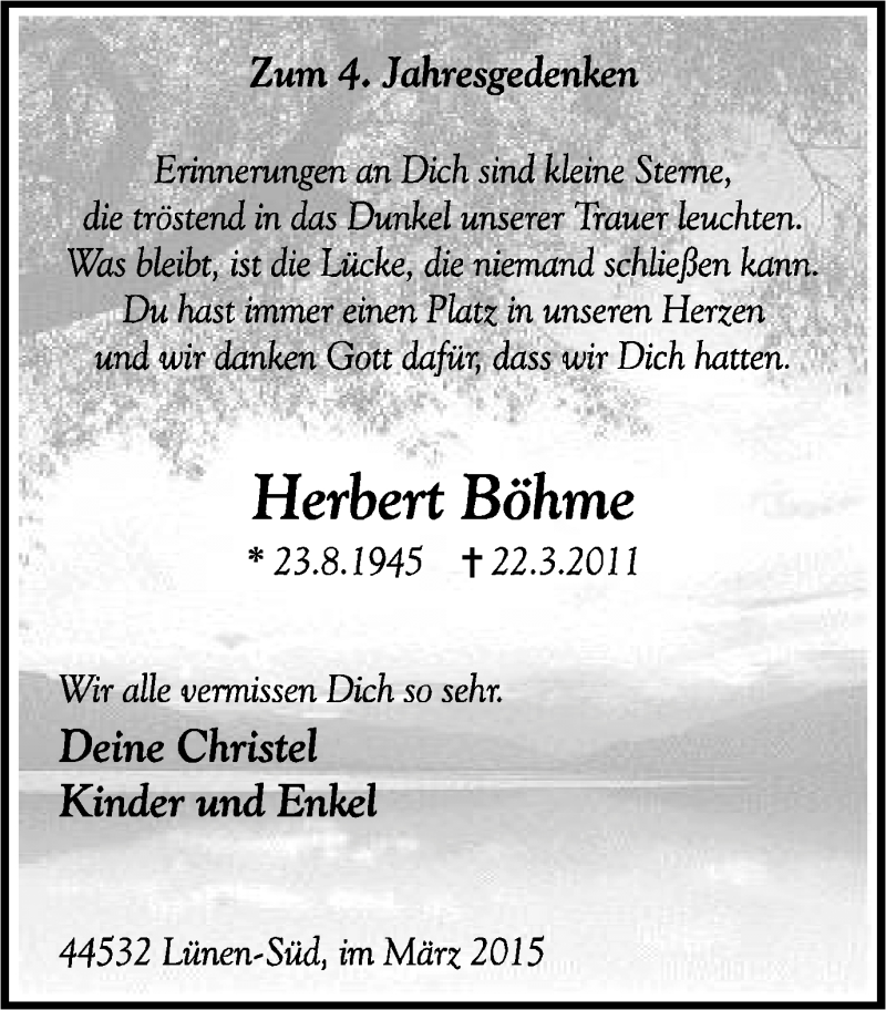  Traueranzeige für Herbert Böhme vom 21.03.2015 aus Lüner Anzeiger
