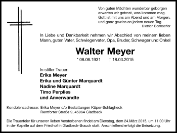 Traueranzeige von Walter Meyer von Stadtspiegel Gladbeck