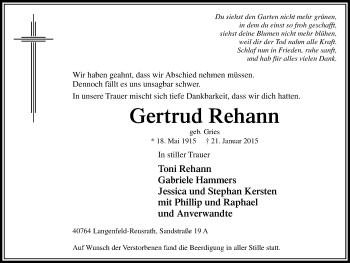 Traueranzeige von Gertrud Rehann von Wochen-Anzeiger Langenfeld/Monheim/Hilden