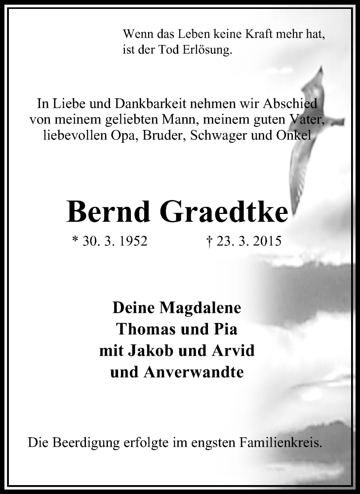  Traueranzeige für Bernd Graedtke vom 18.04.2015 aus Stadtanzeiger Velbert + Heiligenhaus
