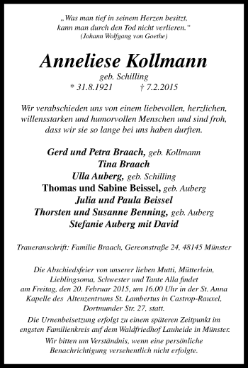 Traueranzeige von Anneliese Kollmann von WVW Anzeigenblätter