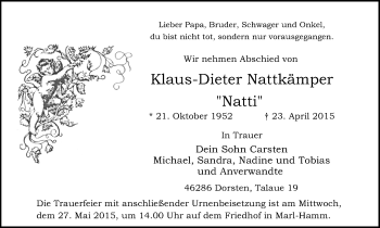 Traueranzeige von Klaus-Dieter Nattkämper von Stadtspiegel Haltern + Dorsten