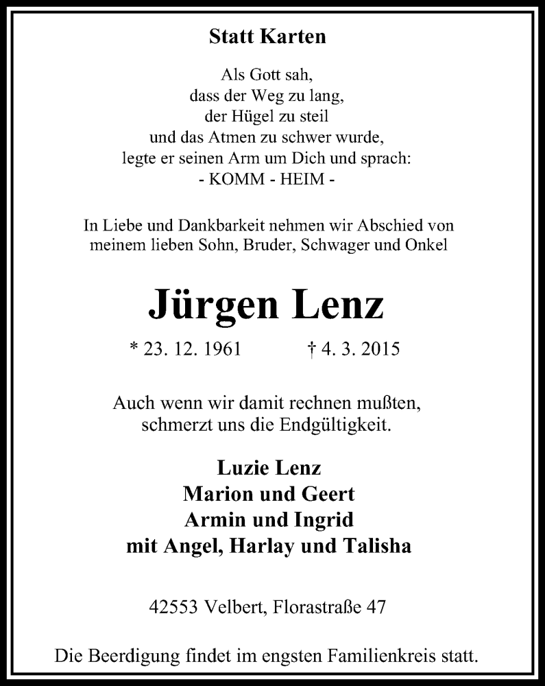  Traueranzeige für Jürgen Lenz vom 07.03.2015 aus Stadtanzeiger Velbert + Heiligenhaus