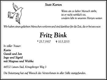 Traueranzeige von Fritz Bink von Lüner Anzeiger