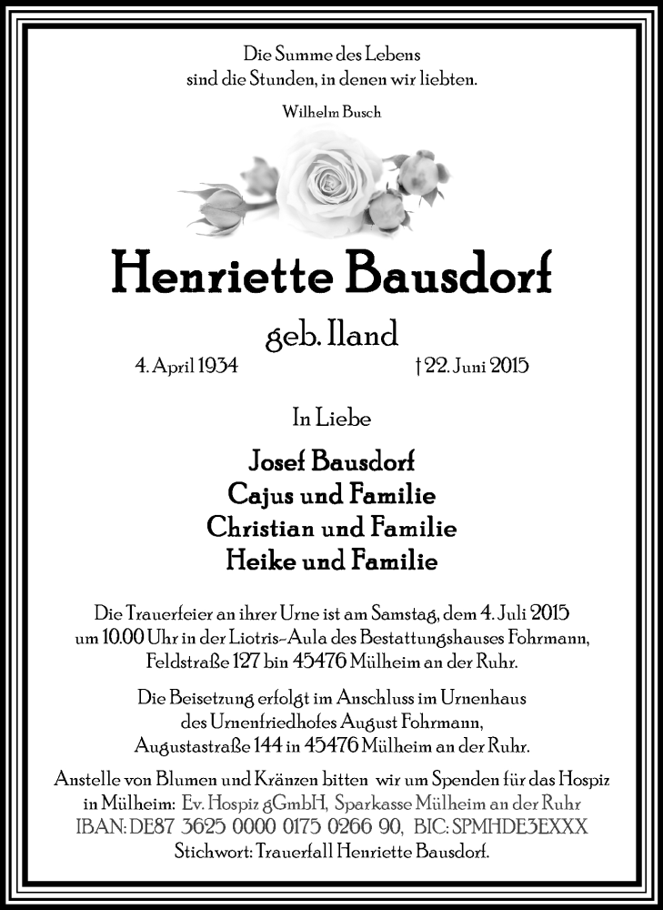  Traueranzeige für Henriette Bausdorf vom 27.06.2015 aus Mülheimer Woche