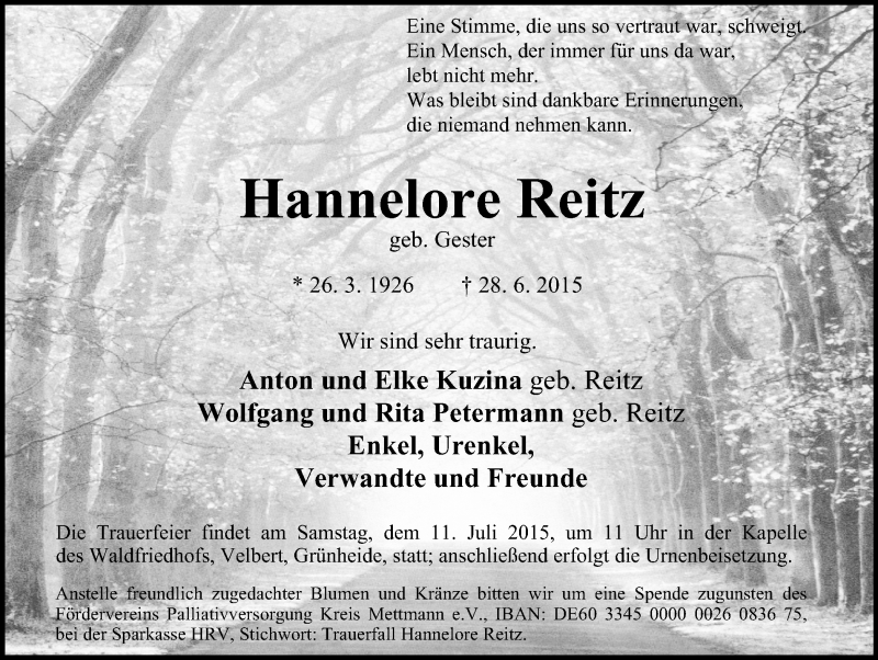  Traueranzeige für Hannelore Reitz vom 04.07.2015 aus Stadtanzeiger Velbert + Heiligenhaus