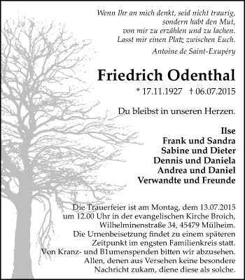 Traueranzeige von Friedrich Odenthal von Mülheimer Woche