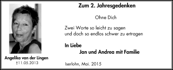 Traueranzeige von Angelika van der Lingen von Stadtspiegel Iserlohn + Hemer
