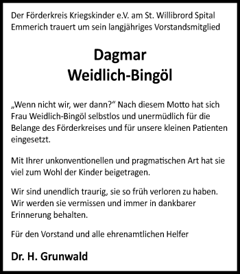 Traueranzeige von Dagmar Weidlich-Bingöl von Stadtanzeiger Emmerich/Rees/Isselburg + Klever Wochenblatt