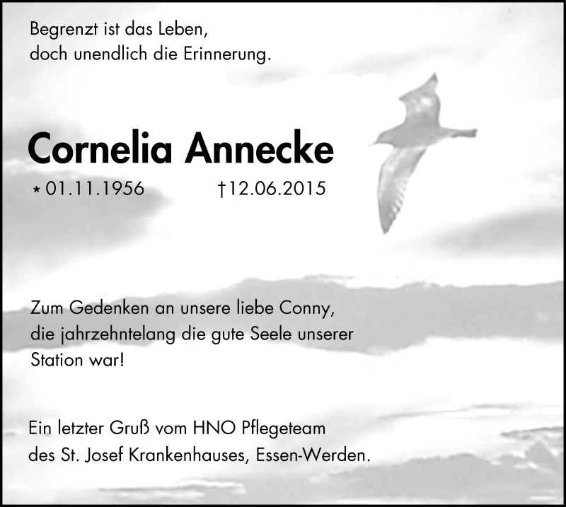  Traueranzeige für Cornelia Annecke vom 20.06.2015 aus Werden Kurier