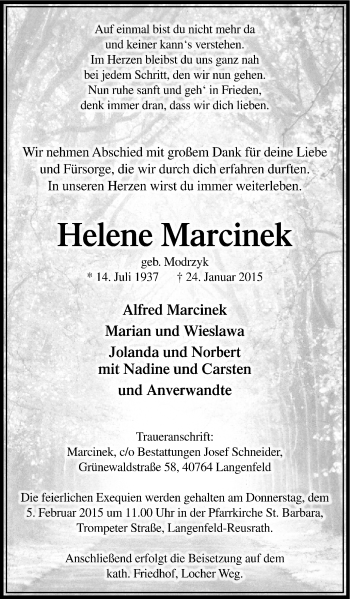 Traueranzeige von Helene Marcinek von Wochen-Anzeiger Langenfeld/Monheim/Hilden