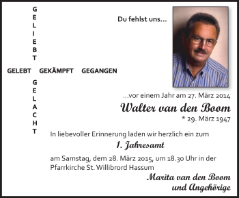 Traueranzeige von Walter van den Boom von Gocher Wochenblatt