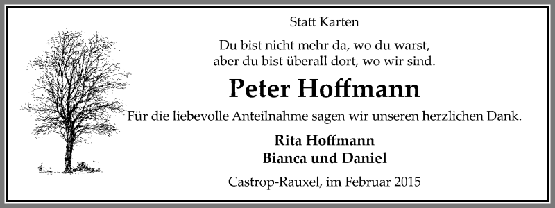  Traueranzeige für Peter Hoffmann vom 21.02.2015 aus WVW Anzeigenblätter