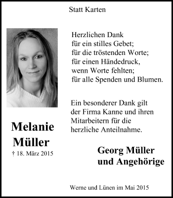 Traueranzeige von Melanie Müller von Lüner Anzeiger