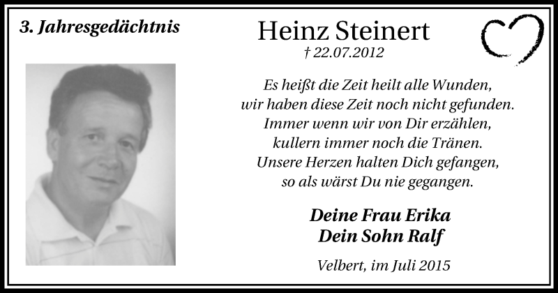  Traueranzeige für Heinz Steinert vom 18.07.2015 aus Stadtanzeiger Velbert + Heiligenhaus