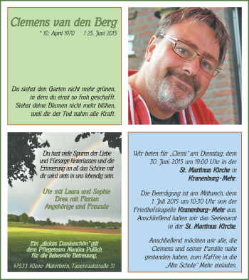 Traueranzeige von Clemens van den Berg von Klever Wochenblatt