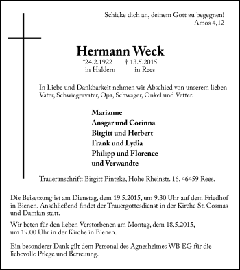 Traueranzeige von Hermann Weck von Stadtanzeiger Emmerich/Rees/Isselburg