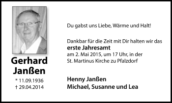 Traueranzeige von Gerhard Janßen von Gocher Wochenblatt