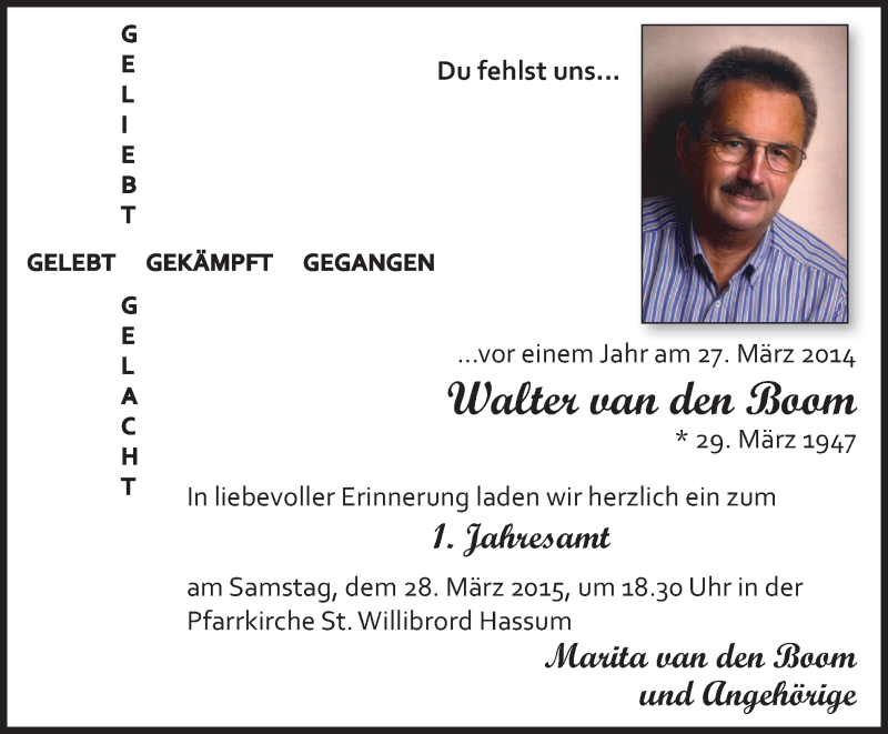  Traueranzeige für Walter van den Boom vom 21.03.2015 aus Gocher Wochenblatt