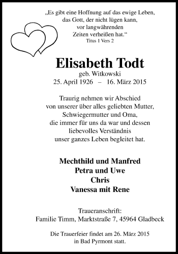 Traueranzeige von Elisabeth Todt von Stadtspiegel Gladbeck