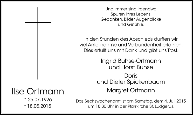 Traueranzeigen von Ilse Ortmann | Trauer-in-NRW.de