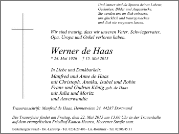 Traueranzeige von Werner de Haas von Lüner Anzeiger