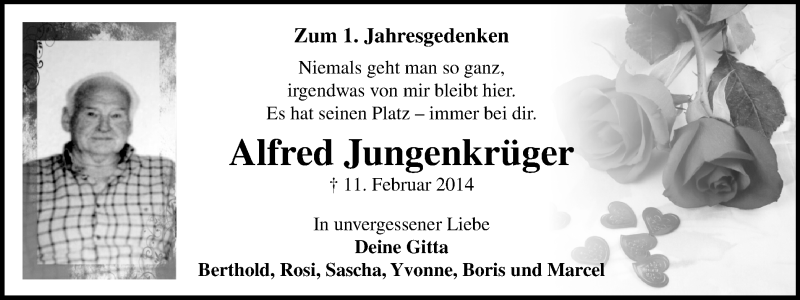  Traueranzeige für Alfred Jungenkrüger vom 11.02.2015 aus Stadtanz.Castrop-Rauxel